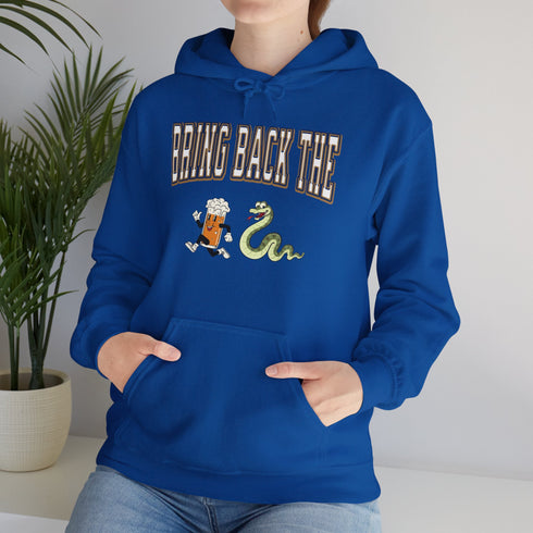 Introducing the "Bring Back The Beer Snake" Hoodie – the ultimate conversation starter (and possibly friendship saver) for every die-hard Winnipeg Bomber fan! This cozy, stylish hoodie features a hilarious graphic of a beer running away from a mischievous snake, perfectly capturing the epic saga of the legendary beer snake.