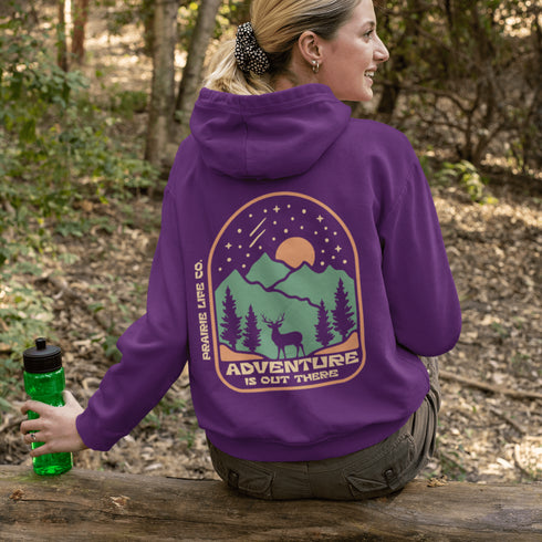 This graphic hoodie features a majestic deer standing against a wilderness backdrop— mountains, towering pines, a glowing moon, and a star-filled night sky.