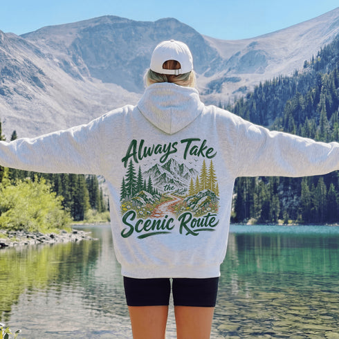 Vintage-inspired unisex hoodie featuring a small left chest graphic and a large outdoor-themed back design, photographed in lifestyle and flat lay mockups. Available in multiple colors. Perfect for hiking, camping, mountain adventures, road trips, and everyday outdoor wear.