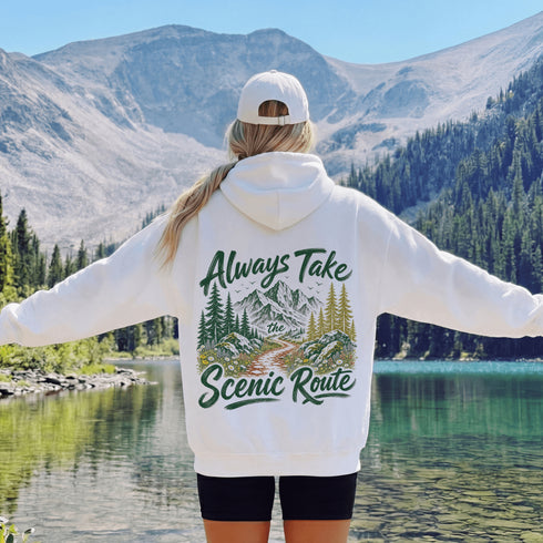 Vintage-inspired unisex hoodie featuring a small left chest graphic and a large outdoor-themed back design, photographed in lifestyle and flat lay mockups. Available in multiple colors. Perfect for hiking, camping, mountain adventures, road trips, and everyday outdoor wear.