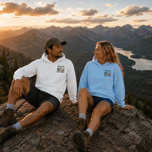 Vintage-inspired unisex hoodie featuring a small left chest graphic and a large outdoor-themed back design, photographed in lifestyle and flat lay mockups. Available in multiple colors. Perfect for hiking, camping, mountain adventures, road trips, and everyday outdoor wear.