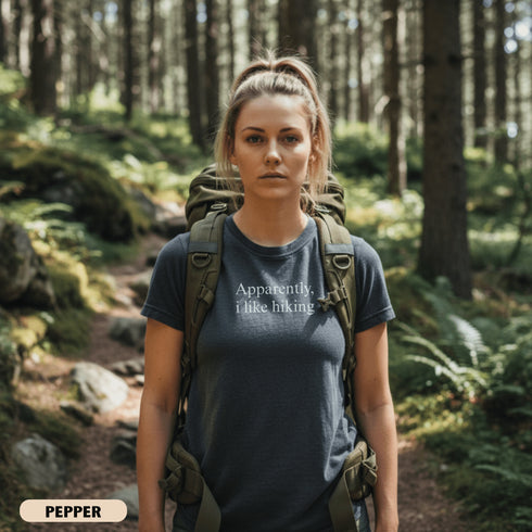 Funny Apparently I Like Hiking shirt for women who love outdoor adventures. Cute hiking graphic tee perfect for trails, travel, and nature lovers.