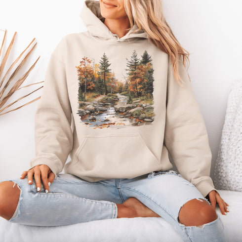 This stunning design features a serene autumn forest scene, complete with vibrant foliage and a peaceful creek winding its way through nature’s splendor.
