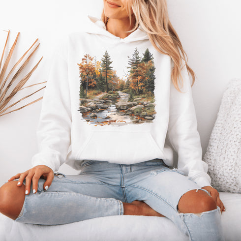 This stunning design features a serene autumn forest scene, complete with vibrant foliage and a peaceful creek winding its way through nature’s splendor.