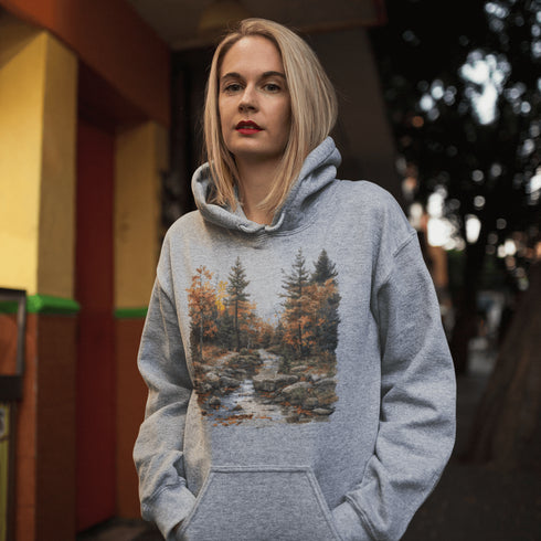 This stunning design features a serene autumn forest scene, complete with vibrant foliage and a peaceful creek winding its way through nature’s splendor.