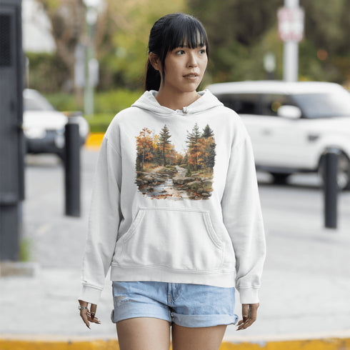 This stunning design features a serene autumn forest scene, complete with vibrant foliage and a peaceful creek winding its way through nature’s splendor.