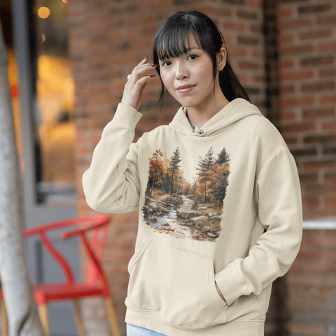 This stunning design features a serene autumn forest scene, complete with vibrant foliage and a peaceful creek winding its way through nature’s splendor.