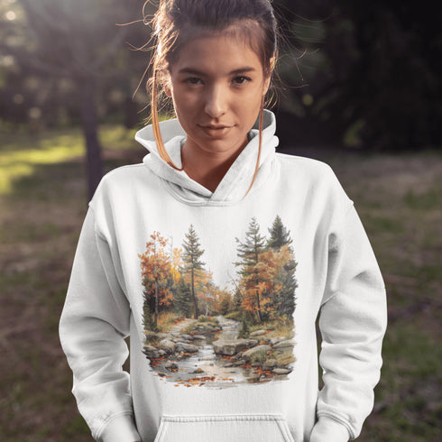 This stunning design features a serene autumn forest scene, complete with vibrant foliage and a peaceful creek winding its way through nature’s splendor.