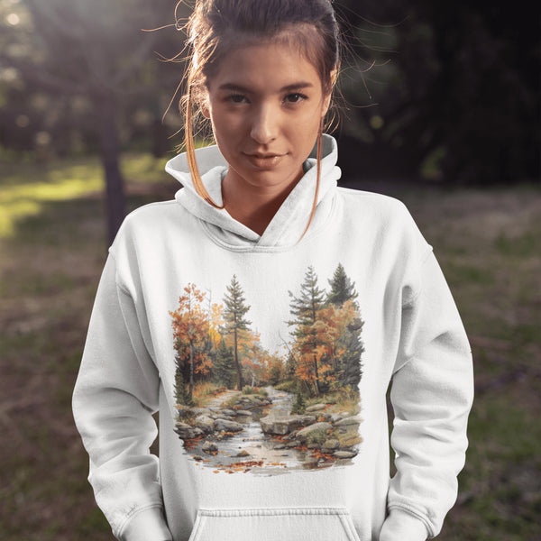 This stunning design features a serene autumn forest scene, complete with vibrant foliage and a peaceful creek winding its way through nature’s splendor.