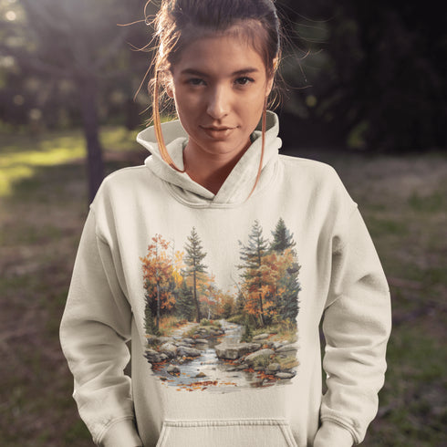This stunning design features a serene autumn forest scene, complete with vibrant foliage and a peaceful creek winding its way through nature’s splendor.