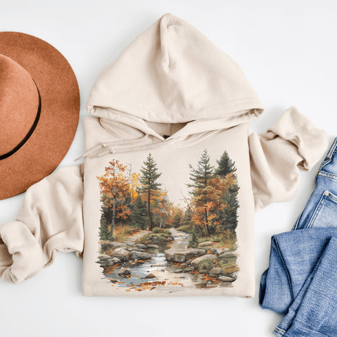 This stunning design features a serene autumn forest scene, complete with vibrant foliage and a peaceful creek winding its way through nature’s splendor.