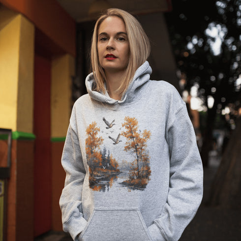 This design captures a stunning autumn forest scene, complete with vibrant golden leaves, a tranquil creek, and graceful geese soaring across the sky.