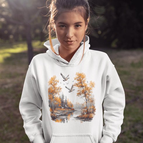 This design captures a stunning autumn forest scene, complete with vibrant golden leaves, a tranquil creek, and graceful geese soaring across the sky.