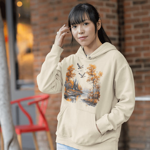 This design captures a stunning autumn forest scene, complete with vibrant golden leaves, a tranquil creek, and graceful geese soaring across the sky.