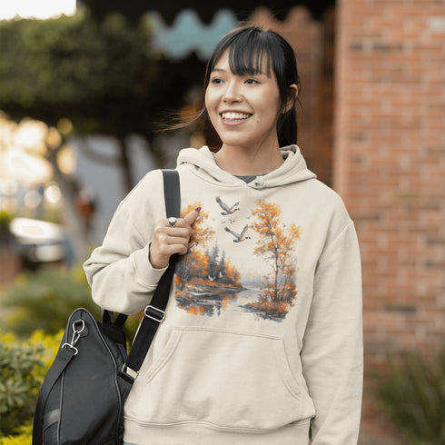 This design captures a stunning autumn forest scene, complete with vibrant golden leaves, a tranquil creek, and graceful geese soaring across the sky.