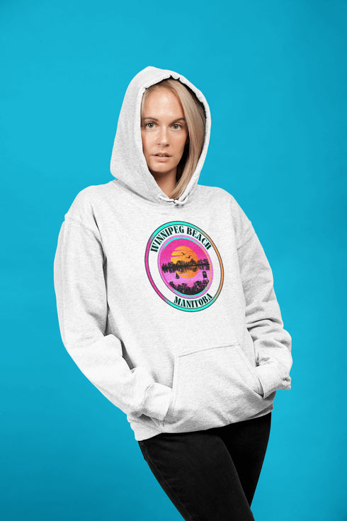 Featuring a dreamy sunset scene with the iconic Winnipeg Beach water tower standing tall, this hoodie gives you all the feels of a perfect beach day without the sand in your shoes.