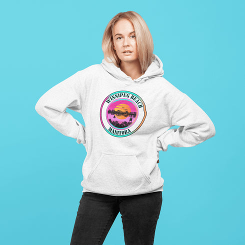 Featuring a dreamy sunset scene with the iconic Winnipeg Beach water tower standing tall, this hoodie gives you all the feels of a perfect beach day without the sand in your shoes.