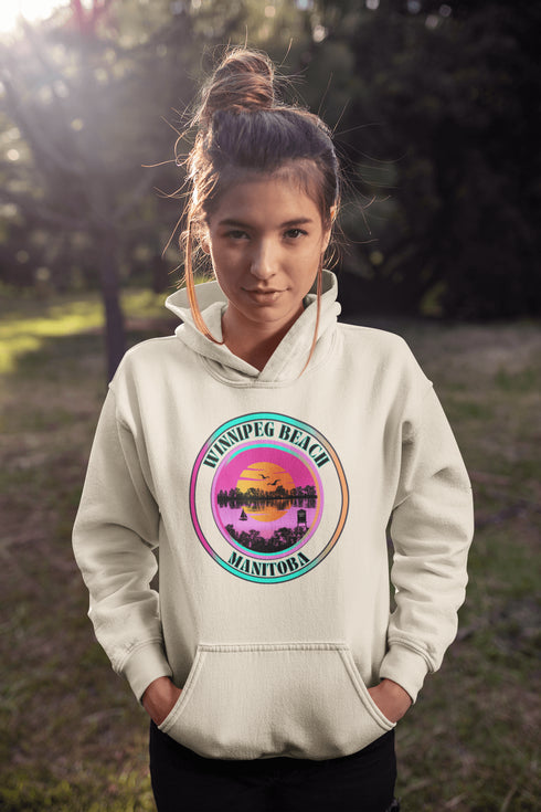 Featuring a dreamy sunset scene with the iconic Winnipeg Beach water tower standing tall, this hoodie gives you all the feels of a perfect beach day without the sand in your shoes.