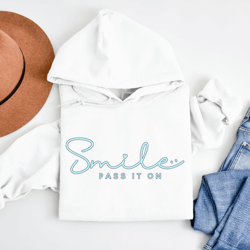 Introducing the latest in wearable cheer technology: the "Smile, Pass It On" Hoodie! This isn't just any ordinary hoodie. Oh no, it's your new best friend, fashion statement, and personal cheerleader all rolled into one cozy package.