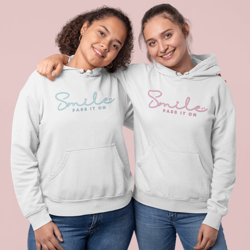 Introducing the latest in wearable cheer technology: the "Smile, Pass It On" Hoodie! This isn't just any ordinary hoodie. Oh no, it's your new best friend, fashion statement, and personal cheerleader all rolled into one cozy package.