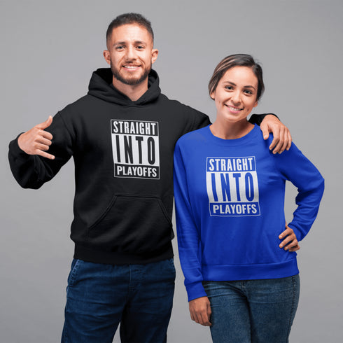 Introducing the game-changing, ice-shattering, laugh-inducing "Straight Into Playoffs" Hockey Hoodie! Designed for the hockey fanatic who believes in skipping the regular season drama and diving headfirst into the heart-stopping action of the playoffs.