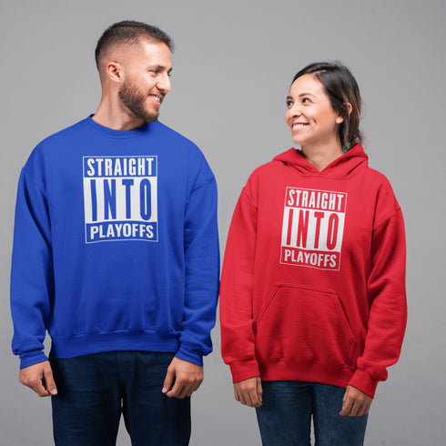 Introducing the game-changing, ice-shattering, laugh-inducing "Straight Into Playoffs" Hockey Sweatshirt! Designed for the hockey fanatic who believes in skipping the regular season drama and diving headfirst into the heart-stopping action of the playoffs.