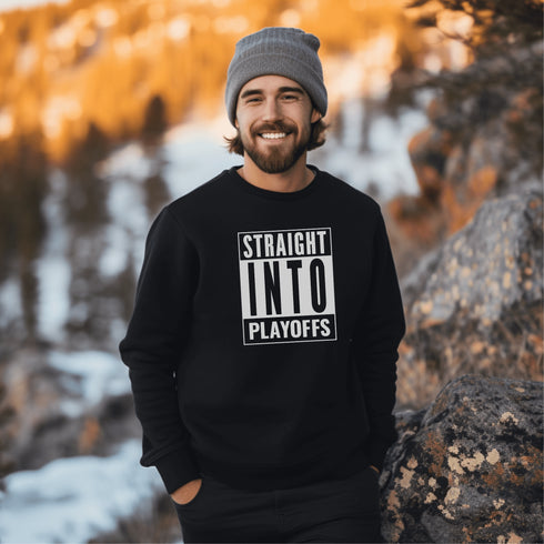 Introducing the game-changing, ice-shattering, laugh-inducing "Straight Into Playoffs" Hockey Sweatshirt! Designed for the hockey fanatic who believes in skipping the regular season drama and diving headfirst into the heart-stopping action of the playoffs.