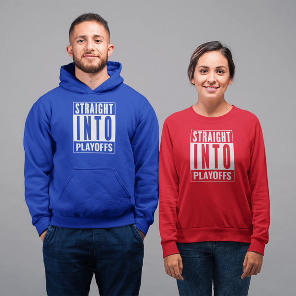 Introducing the game-changing, ice-shattering, laugh-inducing "Straight Into Playoffs" Hockey Sweatshirt! Designed for the hockey fanatic who believes in skipping the regular season drama and diving headfirst into the heart-stopping action of the playoffs.