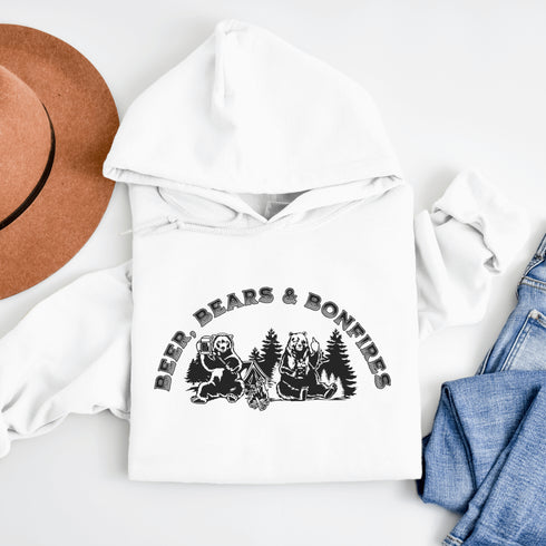 Introducing our hilarious "Beer, Bears & Bonfires" hoodie! Picture this: a couple of camping bears enjoying a cold one in the woods, gathered around a crackling bonfire. These fun-loving bears know how to have a good time, and now you can join in on the fun too!