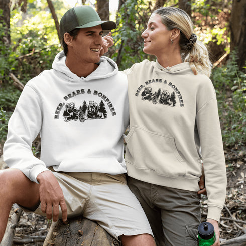Introducing our hilarious "Beer, Bears & Bonfires" hoodie! Picture this: a couple of camping bears enjoying a cold one in the woods, gathered around a crackling bonfire. These fun-loving bears know how to have a good time, and now you can join in on the fun too!