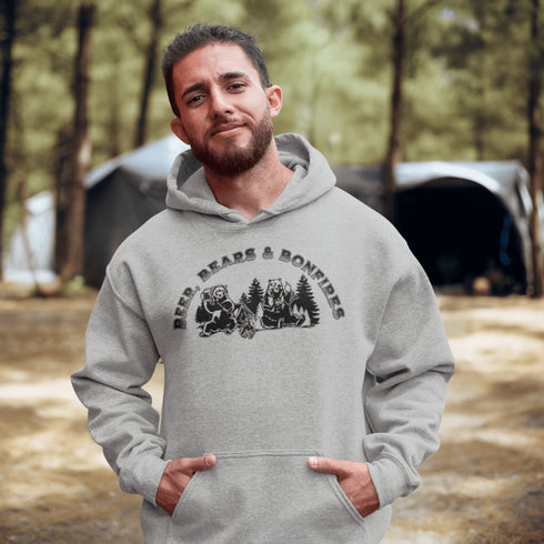Introducing our hilarious "Beer, Bears & Bonfires" hoodie! Picture this: a couple of camping bears enjoying a cold one in the woods, gathered around a crackling bonfire. These fun-loving bears know how to have a good time, and now you can join in on the fun too!