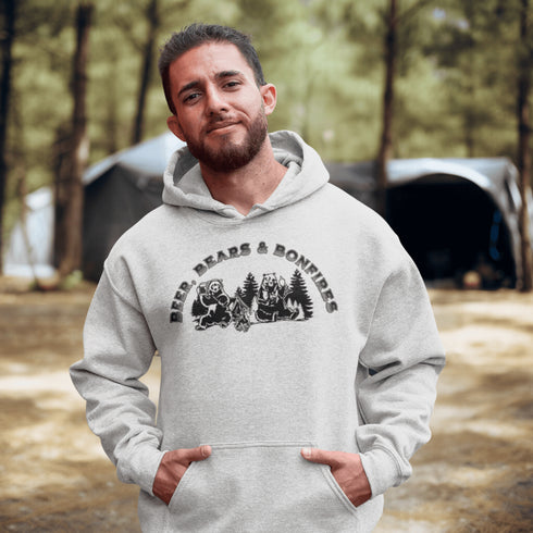 Introducing our hilarious "Beer, Bears & Bonfires" hoodie! Picture this: a couple of camping bears enjoying a cold one in the woods, gathered around a crackling bonfire. These fun-loving bears know how to have a good time, and now you can join in on the fun too!