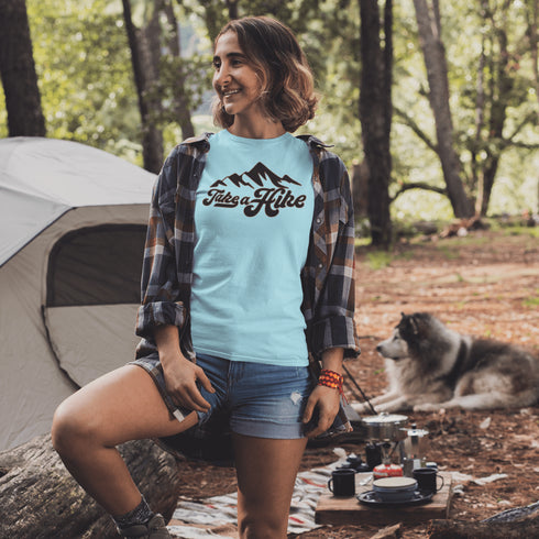 Introducing our rugged and stylish hiking t-shirt, perfect for outdoor enthusiasts and nature lovers alike. Featuring a striking mountain graphic and the motivational slogan "Take A Hike", this shirt is designed to inspire your next camping adventure.