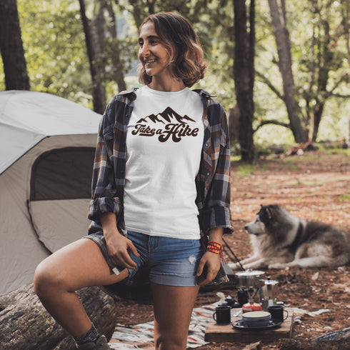Introducing our rugged and stylish hiking t-shirt, perfect for outdoor enthusiasts and nature lovers alike. Featuring a striking mountain graphic and the motivational slogan "Take A Hike", this shirt is designed to inspire your next camping adventure.