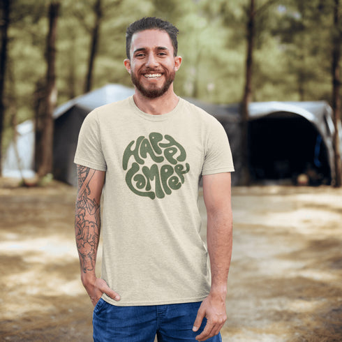 Introducing our Happy Camper Retro Letter Graphic T-Shirt, the perfect addition to your camping wardrobe! Made for outdoor enthusiasts and nature lovers alike, this t-shirt combines style and comfort for your next camping adventure.