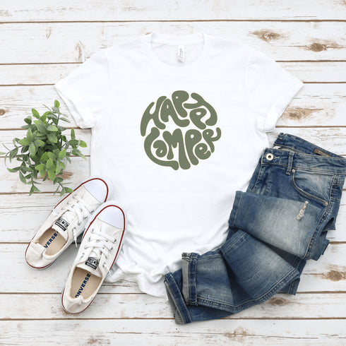 Introducing our Happy Camper Retro Letter Graphic T-Shirt, the perfect addition to your camping wardrobe! Made for outdoor enthusiasts and nature lovers alike, this t-shirt combines style and comfort for your next camping adventure.