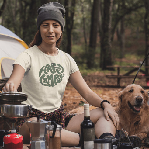 Introducing our Happy Camper Retro Letter Graphic T-Shirt, the perfect addition to your camping wardrobe! Made for outdoor enthusiasts and nature lovers alike, this t-shirt combines style and comfort for your next camping adventure.