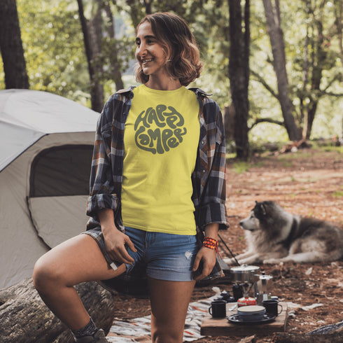 Introducing our Happy Camper Retro Letter Graphic T-Shirt, the perfect addition to your camping wardrobe! Made for outdoor enthusiasts and nature lovers alike, this t-shirt combines style and comfort for your next camping adventure.