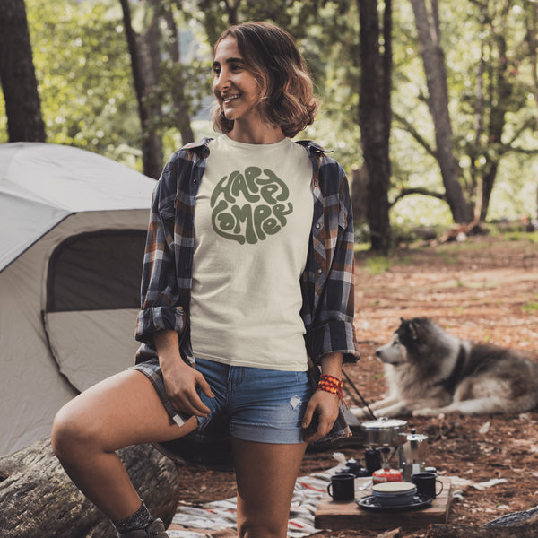 Introducing our Happy Camper Retro Letter Graphic T-Shirt, the perfect addition to your camping wardrobe! Made for outdoor enthusiasts and nature lovers alike, this t-shirt combines style and comfort for your next camping adventure.