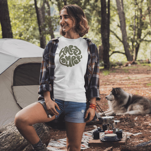 Introducing our Happy Camper Retro Letter Graphic T-Shirt, the perfect addition to your camping wardrobe! Made for outdoor enthusiasts and nature lovers alike, this t-shirt combines style and comfort for your next camping adventure.