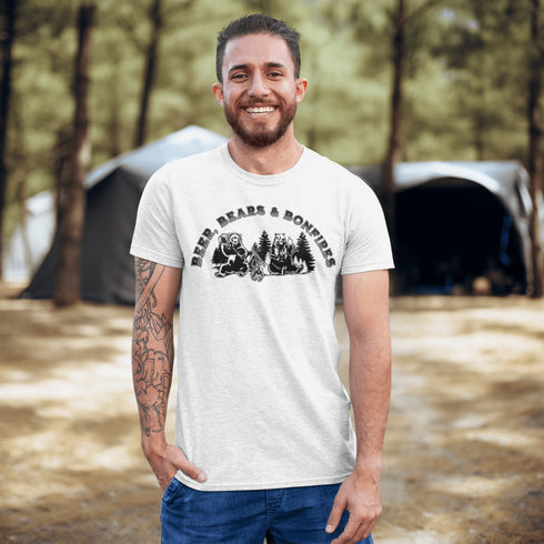Introducing our hilarious "Beer, Bears & Bonfires" t-shirt! Picture this: a couple of camping bears enjoying a cold one in the woods, gathered around a crackling bonfire. These fun-loving bears know how to have a good time, and now you can join in on the fun too!