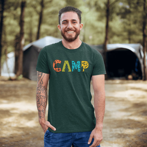Introducing our vibrant and adventurous camping t-shirt! Featuring bold and colorful "Camp" letters adorned with charming camping icons cut out, this shirt is perfect for outdoor enthusiasts and nature lovers alike.