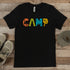 Introducing our vibrant and adventurous camping t-shirt! Featuring bold and colorful "Camp" letters adorned with charming camping icons cut out, this shirt is perfect for outdoor enthusiasts and nature lovers alike.