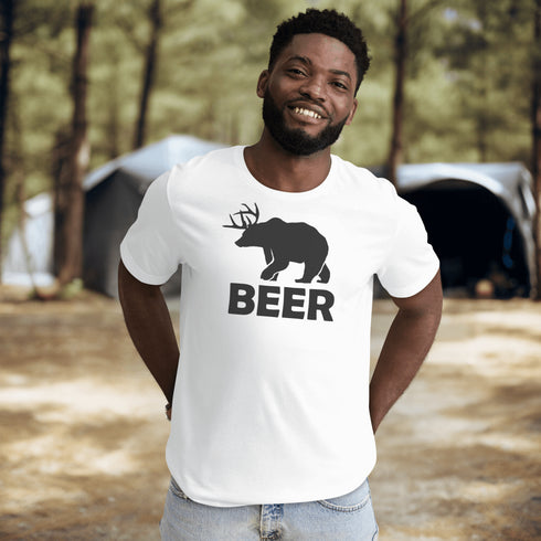 Introducing the ultimate camping fashion statement - the BEER t-shirt! Picture this: a bear with deer antlers, because why not mix things up in the wild? This shirt screams "I love nature... and a good brew!"