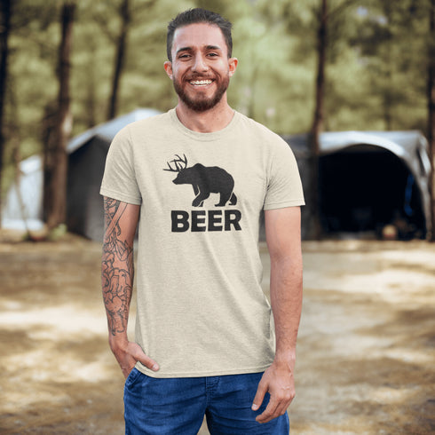 Introducing the ultimate camping fashion statement - the BEER t-shirt! Picture this: a bear with deer antlers, because why not mix things up in the wild? This shirt screams "I love nature... and a good brew!"