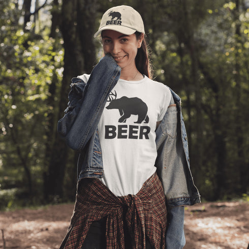 Introducing the ultimate camping fashion statement - the BEER t-shirt! Picture this: a bear with deer antlers, because why not mix things up in the wild? This shirt screams "I love nature... and a good brew!"