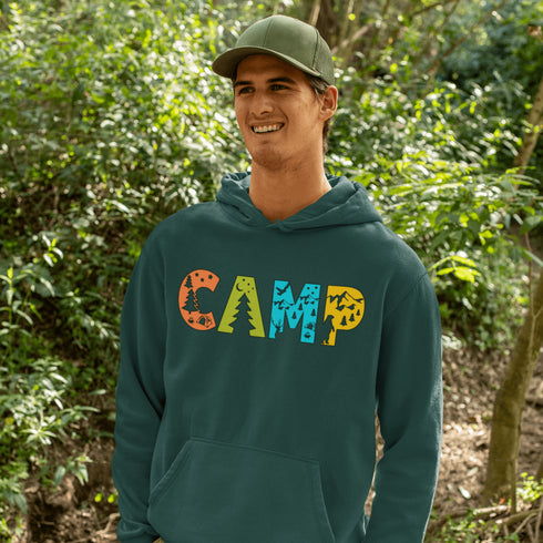 Introducing our vibrant and adventurous camping hoodie! Featuring bold and colorful "Camp" letters adorned with charming camping icons cut out, this shirt is perfect for outdoor enthusiasts and nature lovers alike.