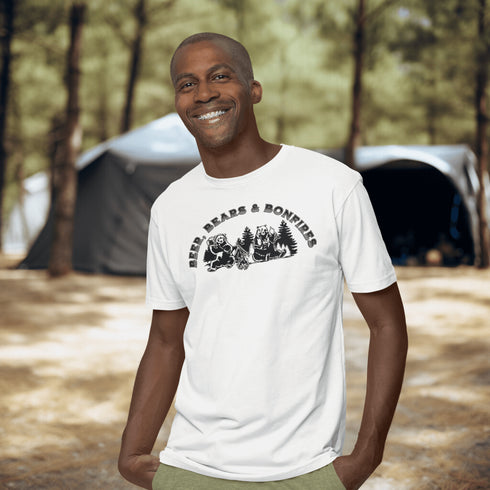 Introducing our hilarious "Beer, Bears & Bonfires" t-shirt! Picture this: a couple of camping bears enjoying a cold one in the woods, gathered around a crackling bonfire. These fun-loving bears know how to have a good time, and now you can join in on the fun too!