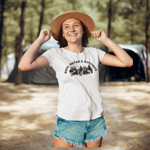 Introducing our hilarious "Beer, Bears & Bonfires" t-shirt! Picture this: a couple of camping bears enjoying a cold one in the woods, gathered around a crackling bonfire. These fun-loving bears know how to have a good time, and now you can join in on the fun too!