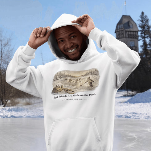 Best Friends Are Made on the Pond hoodie inspired by small town pond hockey and outdoor rink traditions. Vintage Canadian winter sweatshirt.